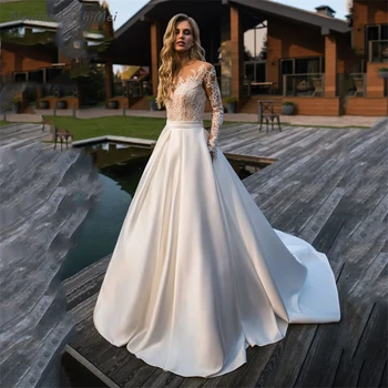 

Sexy Illusion Bodice Wedding Dresses Long Sleeves Lace Top Satin A Line Women Bridal Gowns vestidos de novia 2020