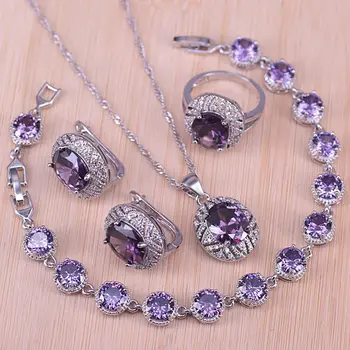 

Risenj silver color jewelry for women earring ring pendant necklace bracelet purple cubic zirconia jewelry pretty gift