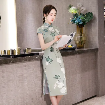 

Elegant Lady Plus Size 4XL Novelty Chinese Formal Dress Chinese Style Women Mandarin Collar Qipao Vintage Print Flower Cheongsam