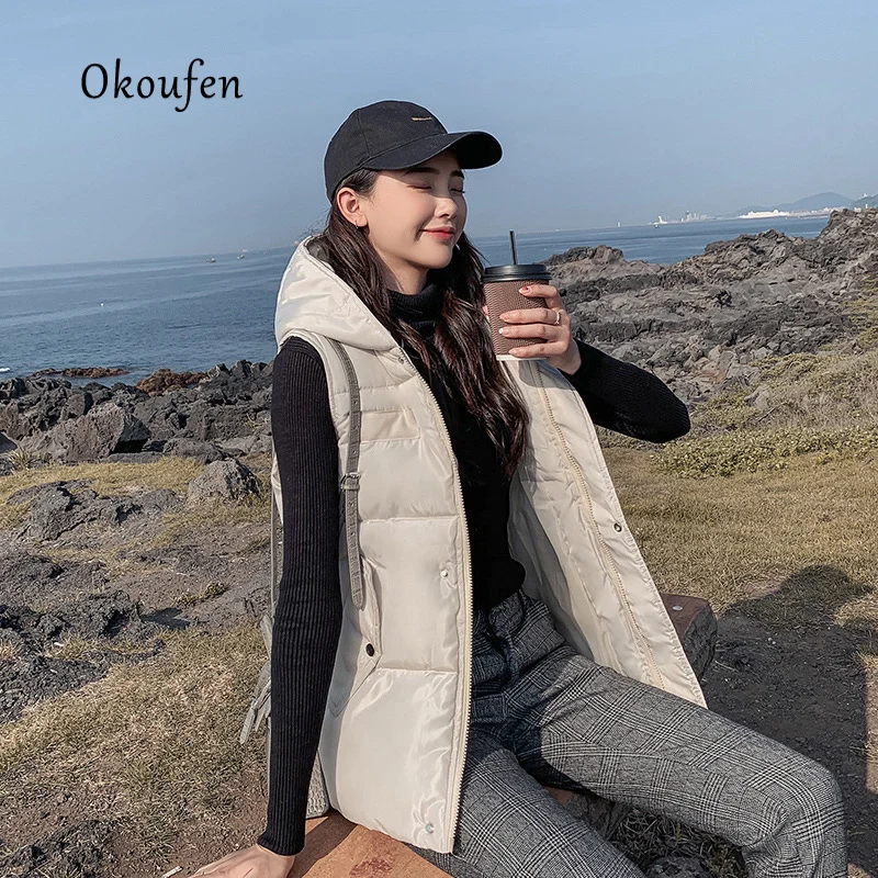 OKOUFEN, осенний и зимний хлопковый жилет для женщин, Корейская версия, свободные короткие жилеты, жилет без рукавов, хлопковая куртка