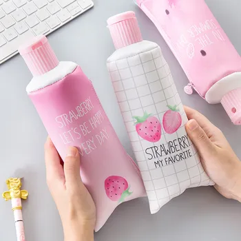 

1PC Strawberry Toothpaste PU Pencil Case with Pencil Sharpener Kawaii Stationery Storage Pen Bag for Girl Students Gifts