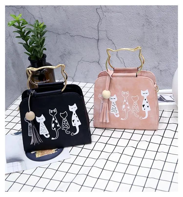 

2018 New Style Cat Printed Pattern Women's Handbag Korean-style Solid Color Pu Square Sling Bag Shoulder Bag