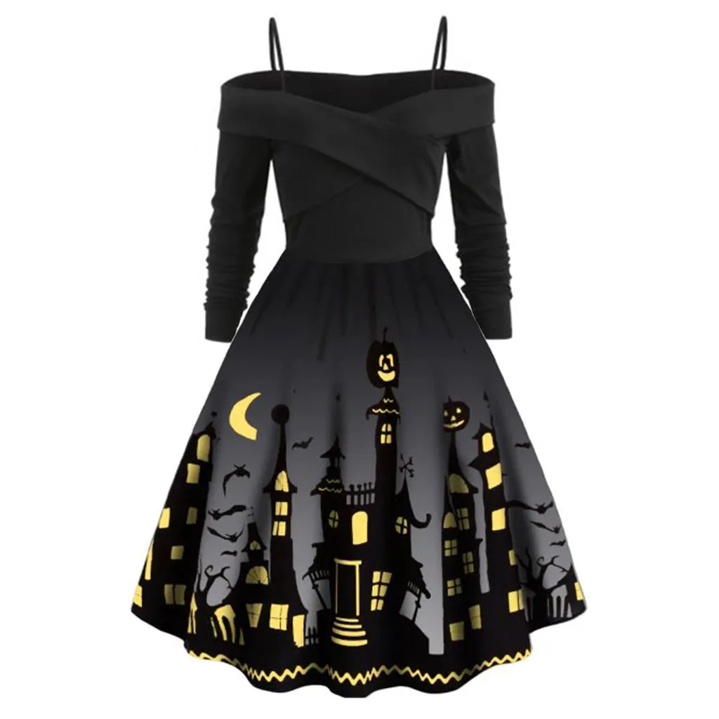 Women Pumpkin Party Print Dress Halloween Long Sleeve V Neck Vintage Casual Sexy Dresses vestido corto mujer FD