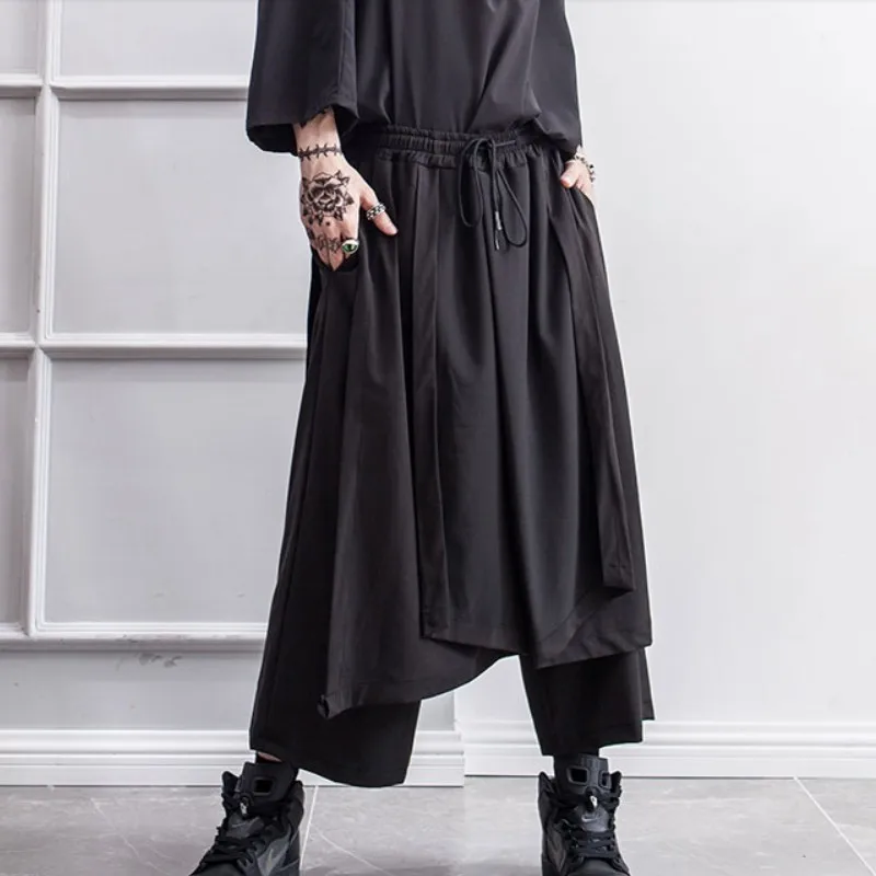 New Men'S Trousers Slouchy Trousers Culottes False Two Irregular Wide-Leg Trousers Men'S Shorts Dark Yamamoto Style Stage Outfit