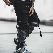 Мужские Длинные свободные брюки в стиле панк; повседневные брюки в стиле хип-хоп; разноцветные брюки с ремешком и пряжкой; D52