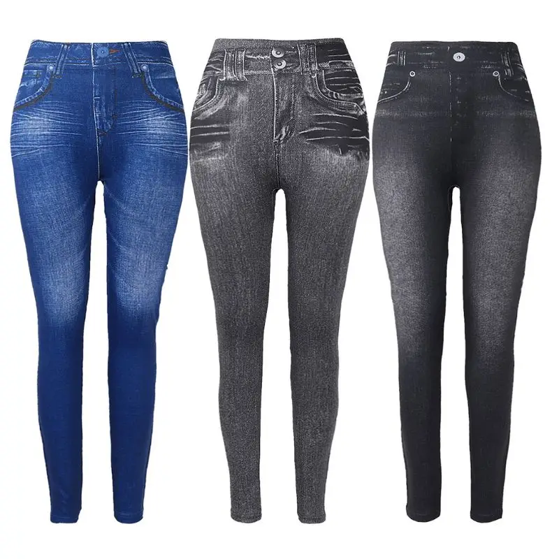 Женские зимние джеггинсы с флисовой подкладкой, бесшовные имитация джинсов, джинсовые узкие брюки C63F