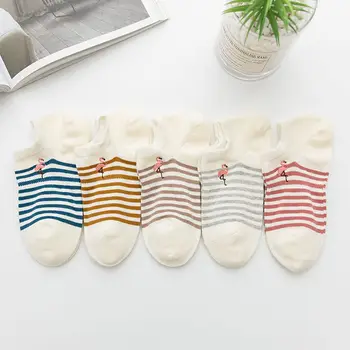 

Women Crew socks Harajuku Pink Flamingo embroidery stripe high quality Breathable fashion Cute Summer Creative Animal Ankle Sock