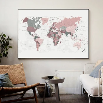 

World Map Canvas Print Blush Pink & Hunter Green Map of the World Poster Dorm Decor Modern Wall Art Picture Painting Decoration