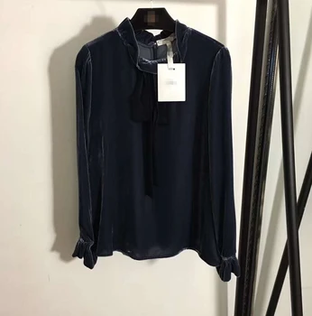 

Luna2020 new fashion runwa D * retro silk blend temperament bow tie led lantern long-sleeved velvet shirt top N259