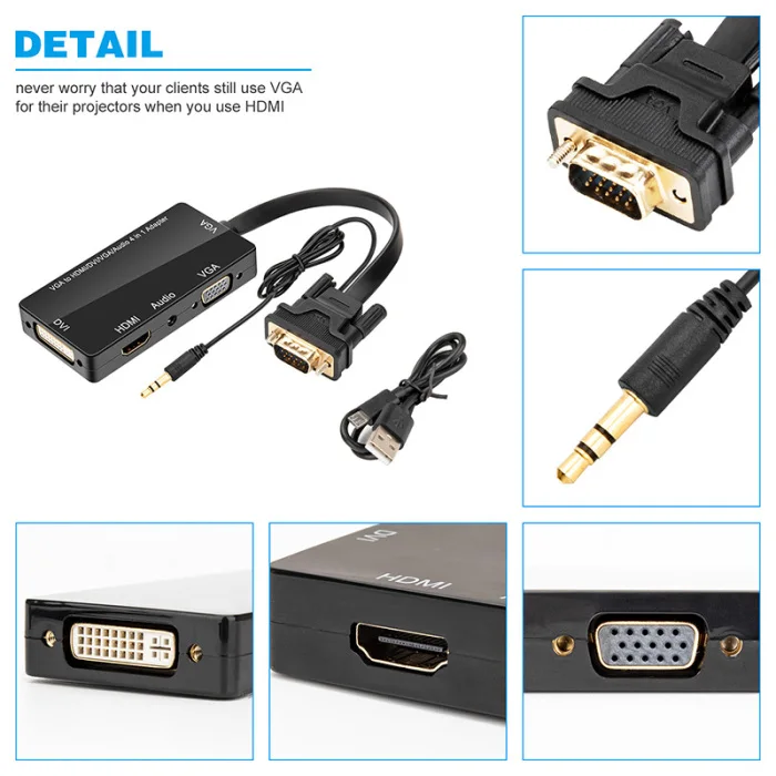 Горячая 4-в-1 VGA к VGA HDMI DVI переходник аудио Выход конвертер для настольных ПК BUS66