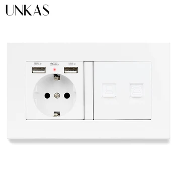 

UNKAS Plastic Panel EU Standard Electric Socket Dual USB + RJ45 Internet Computer Jack And RJ12 Telephone Port Power Outlet