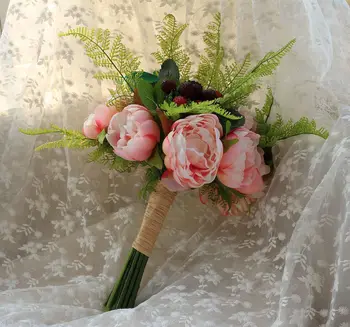 

Hot Artificial model Silk Flower Pink Rose Peony Green leaves Wedding Bouquet Bridal Bouquets Elegant Bride Bridesmaid