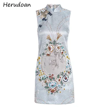 

Herudoan 2020 Women Elegant Mini Dress Autumn Fashion Runway Female Stand collar luxurious Floral jacquard Vintage Short Dress