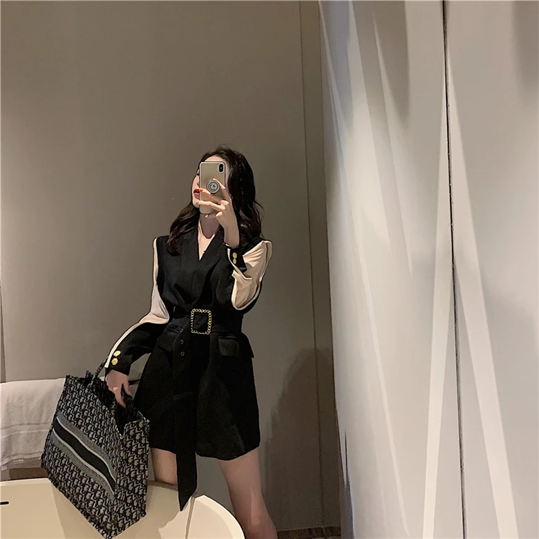 Осенняя одежда для фотосессии свободный приталенный костюм с длинным рукавом и металлическим поясом для похудения Тренч средней длины