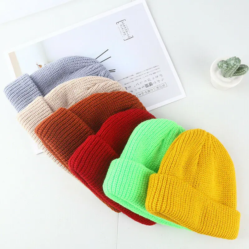 Men's Women's Knit Ski Cap Hip-Hop Blank Color Winter Warm Unisex Hat 