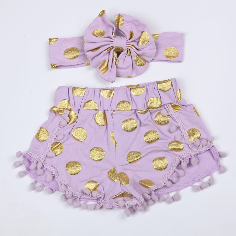 Новые винтажные шорты с помпонами для маленьких девочек модные короткие шорты с помпонами и ободок с бантом для маленьких девочек - Цвет: Фиолетовый