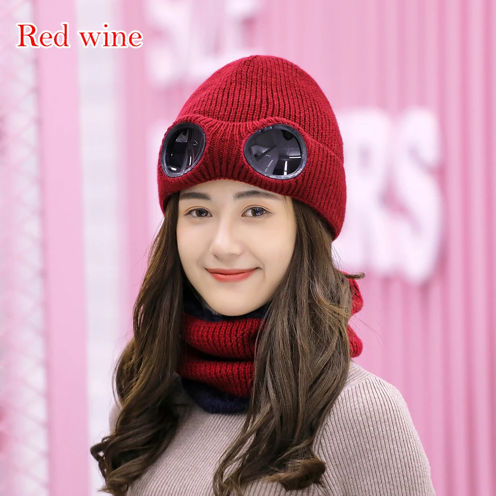 Модная утолщенная зимняя вязаная шапка двойного назначения, теплые лыжные шапки Skullies со съемными очками для мужчин и женщин - Цвет: wine red