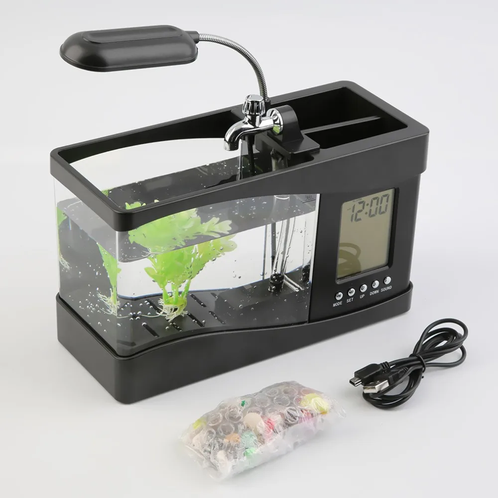 

New 1.5L USB Desktop Mini Fish Tank Aquarium LCD Timer Alarm Clock LED Lamp Light Black recirculation Temperature Calendar