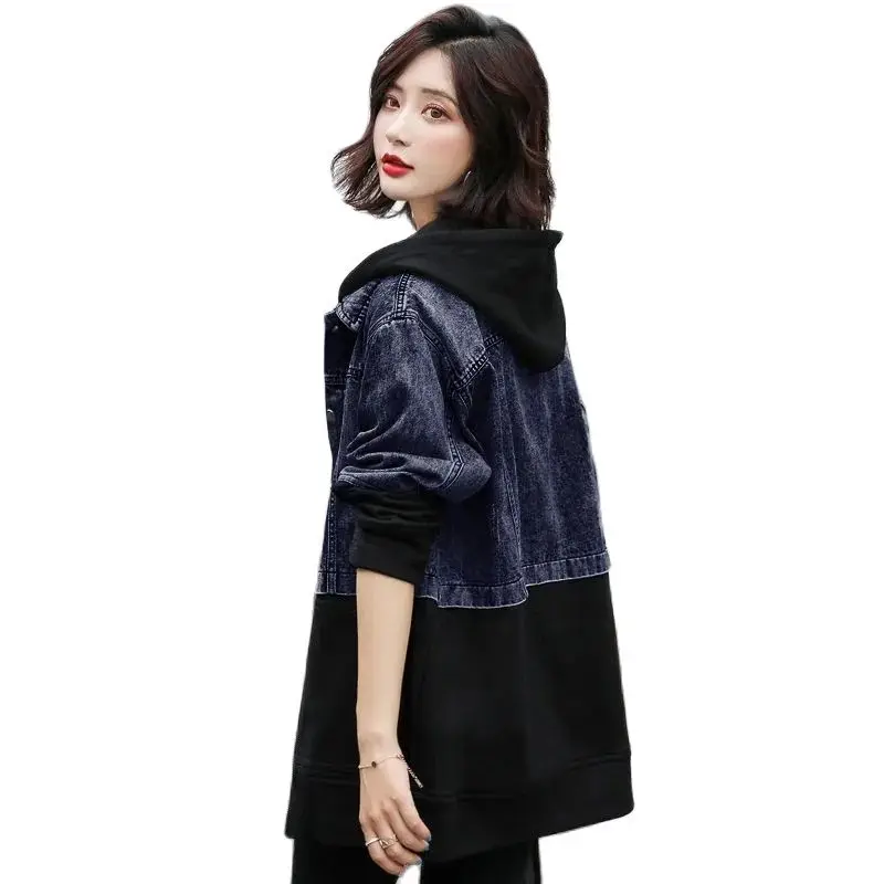 

Spring Autumn New Denim Jacket Casual All-Match Women's Trench Outerwear Mid-Length Splicing Hooded Cowboy Women's Coat