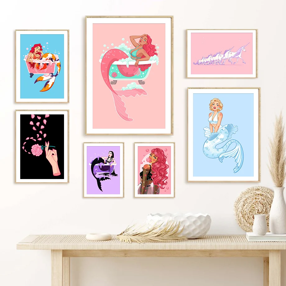 

Goth Mermaid Devil Girl Witch horse Rose Wall Art Canvas Painting Nordic Posters And Prints Wall Picture For BathRoom WC Decor