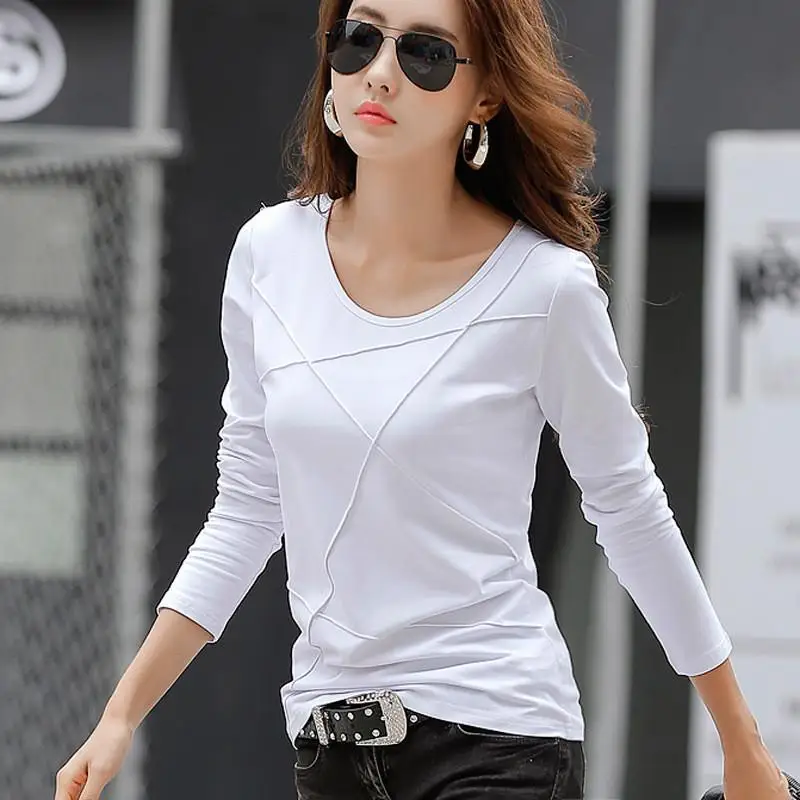 Женская хлопковая футболка размера плюс, топы с круглым вырезом и длинным рукавом, облегающие футболки, женская модная одежда, стрейч-футболка, Женская белая футболка - Цвет: Белый