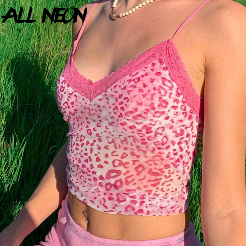 ALLNeon E girl Y2K ярко розовый Леопардовый принт V образный вырез с кружевом топы милые
