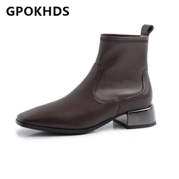 

GPOKHDS 2021 women Ankle boots Cow leather Winter short plush Square Toe Med heels female boots size 40