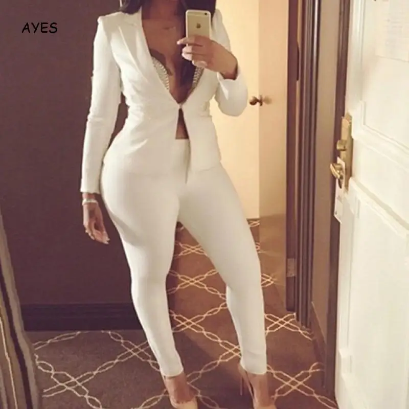 

Elegant Women Sets 2020 Autumn White Black Sexy Two Piece Suits Set Solid Long Sleeve Open Chest Slim Pants 2pcs Ol Set Clothes