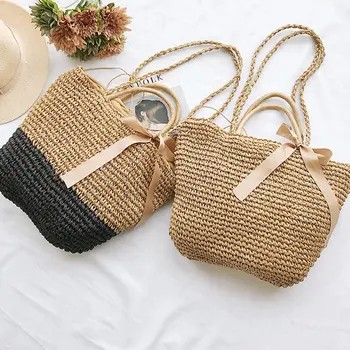 

Local Stock 2019 New Women Summer Straw Weave Shoulder Shopping Beach Holiday Bag Lady Bow Casual Bucket Handbag Girls