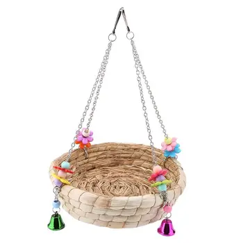 

Natural Handwoven Straw Rattan Nest Bed Large Bird Swing Toy with Bells Decorate Y5GB