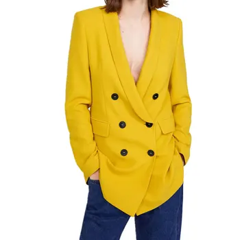 

Women Yellow Suit Jacket Formal Blazer Double Breasted Pockets Outwear Work Office Business Suit Outwear