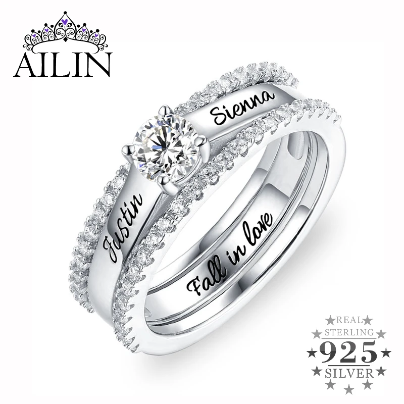 AILIN grabado anillo de promesa mujeres piedra nombre anillos de plata de conjunto de anillo de de boda con de circonia cúbica|Personalizado Anillos| - AliExpress