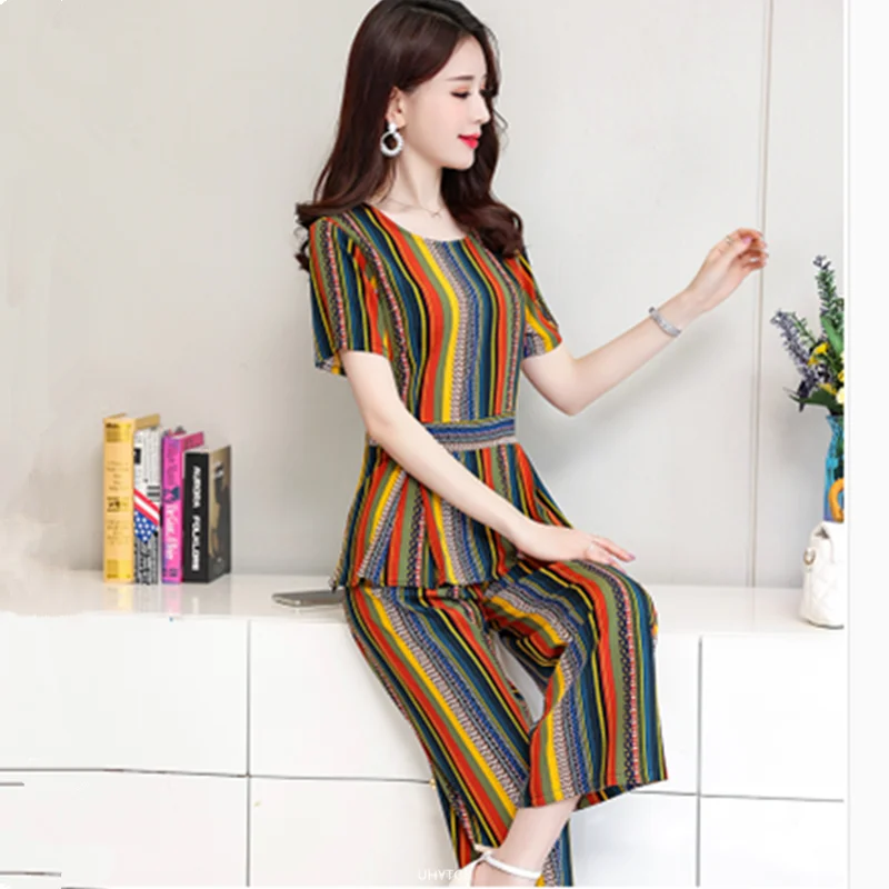 UHYTGF Cotton Silk 2 Pieces Sets Women's Summer Suit Fashion 5XL Loose Size Thin Two-Piece Sets Short Tops+Pants Tracksuit 1427