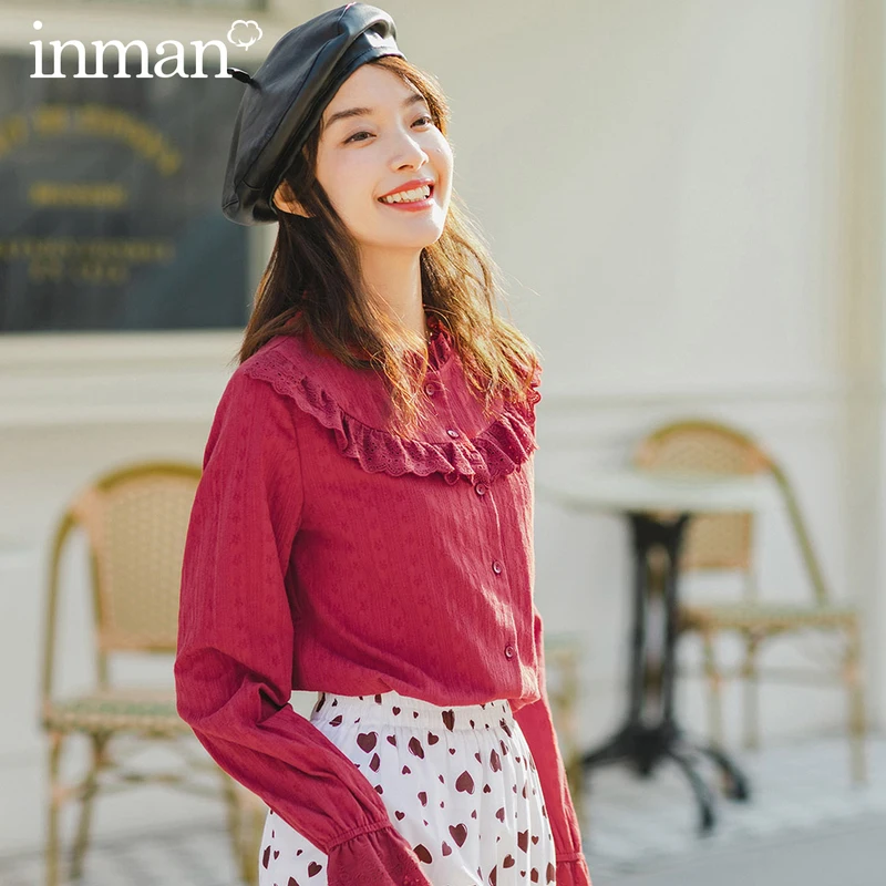 

INMAN 2020 Spring New Arrival Literary France Style Petal Stand Collar Loose Style Flower Sleeve Women Blouse Shirt