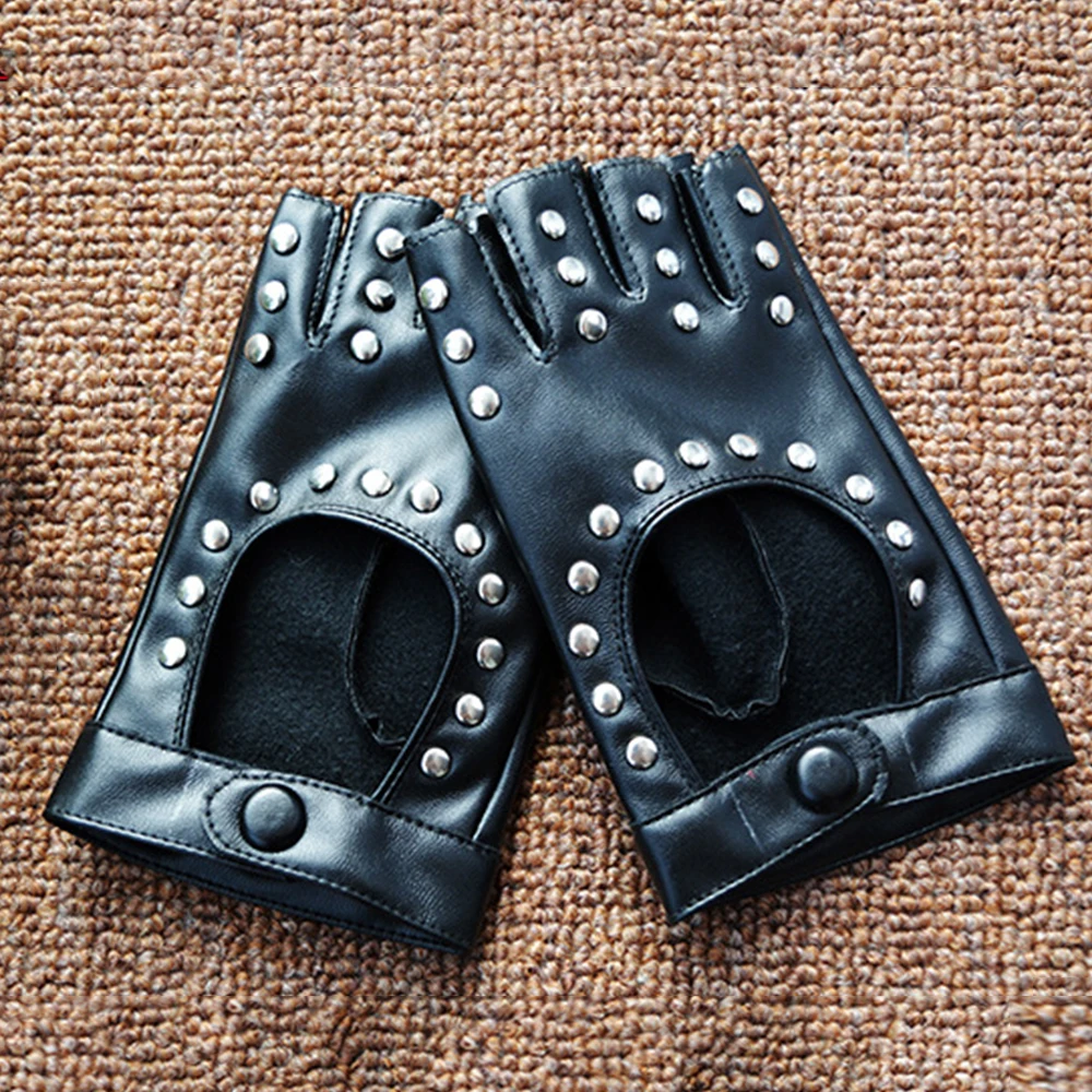 1 Pair Halloween Black Pu Leather Fingerless Gloves Female Half Finger Driving Women Fashion Punk Gloves Dance Rivets Gloves
