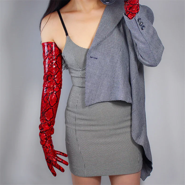 Snakeskin Extra Long Gloves 60cm Patent Leather Faux Leather PU Shine Leather Animal Pattern Python Red Female PU151