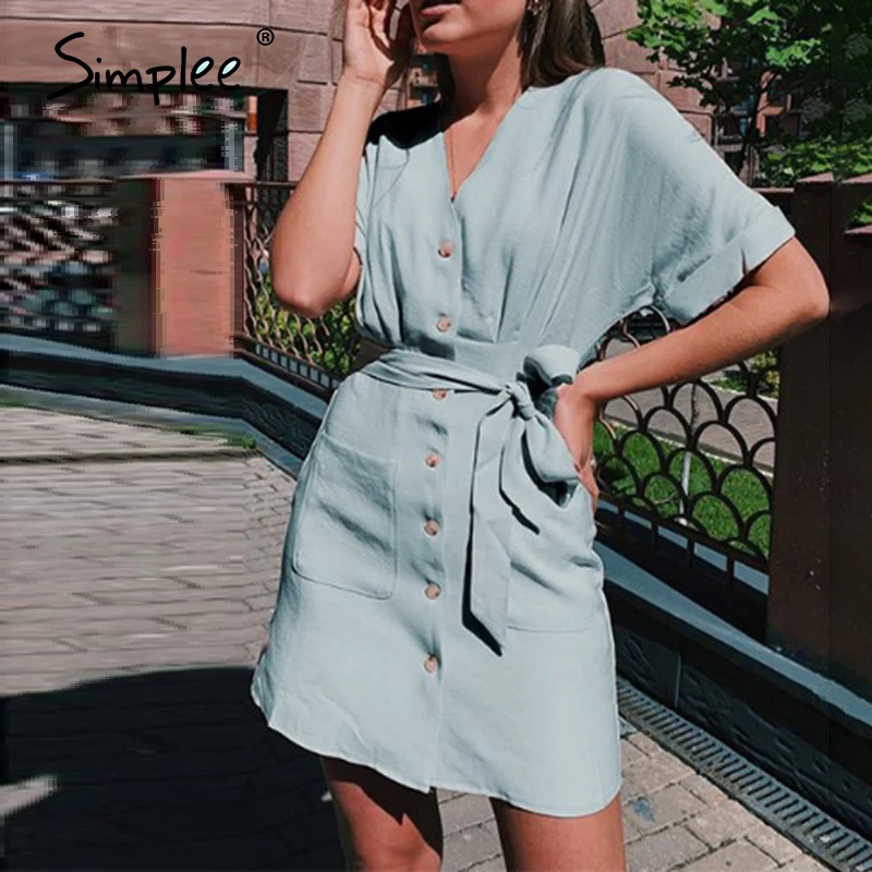 Simplee Button casual beach women summer dresses Solid pockets short dress Bow sash robe femme high waist dresses vestidos2020 Simplee Button casual beach women summer dresses Solid pockets short dress Bow sash robe femme high waist dresses vestidos2020
