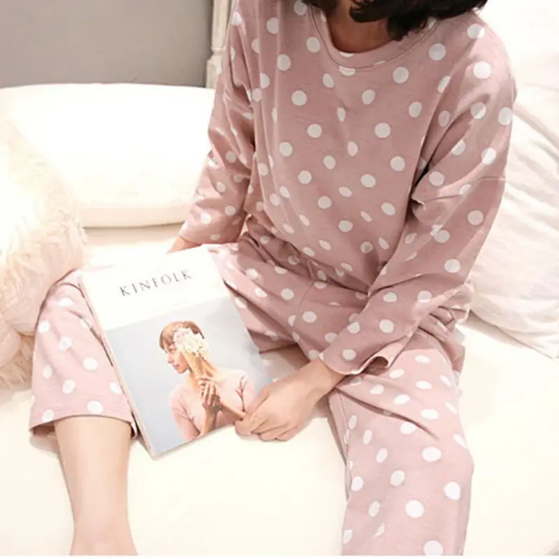 Комплект из 2 предметов, Женский пижамный комплект, милая Пижама с точками в горошек, повседневные топы, штаны, домашняя одежда с длинным рукавом, милая розовая ночная рубашка