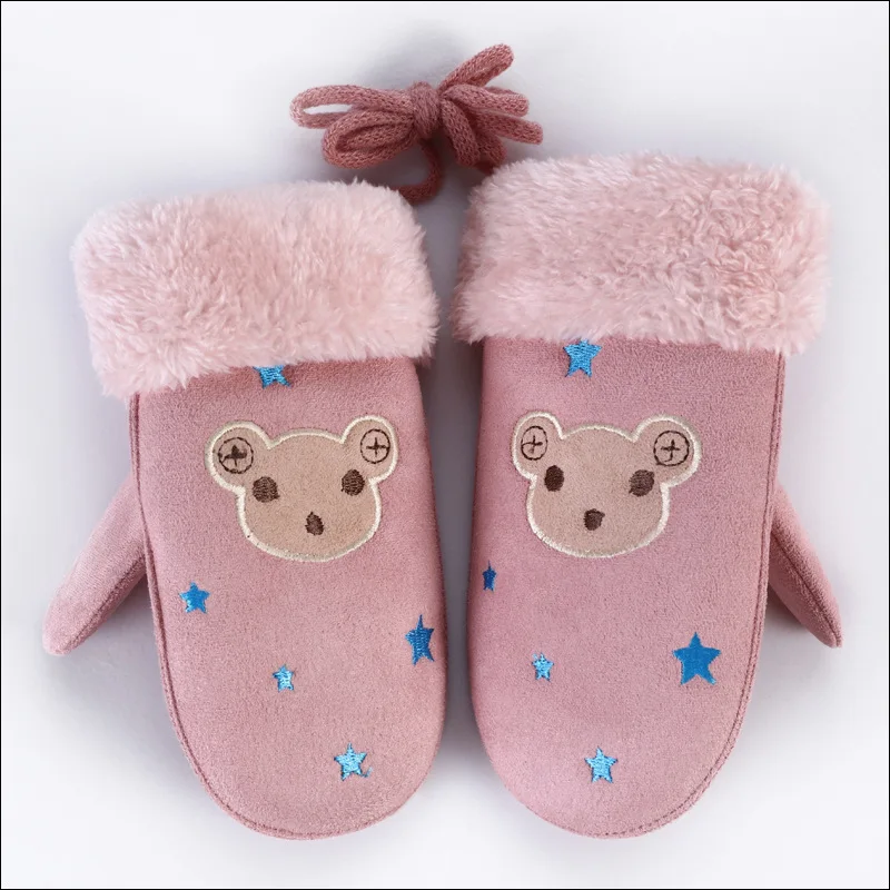 pink Зимние розовые детские перчатки с героями мультфильмов, толстые меховые варежки, кожаные Детские Термо кашемировые перчатки ручной работы, кашемировые теплые длинные перчатки - Цвет: pink