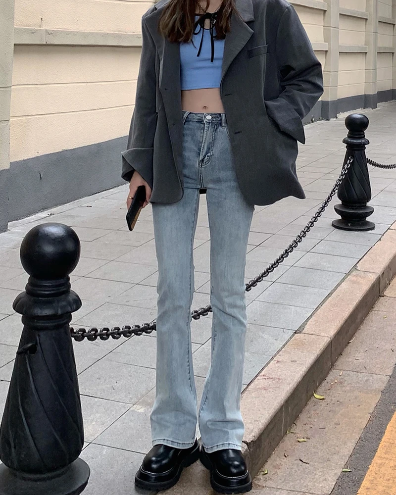 

Light Blue High Waist Flare Jeans Women Korean Harajuku Retro Stretch Long Pants Slim Body-Con Female Horn Jeans Fashion Trouser