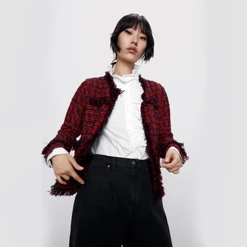 

2019 ZA Women Fashion Jacket Red Round Neck Temperament Burr Houndstooth Lattice Twill Short Cardigan Office Lady Autumn Winter