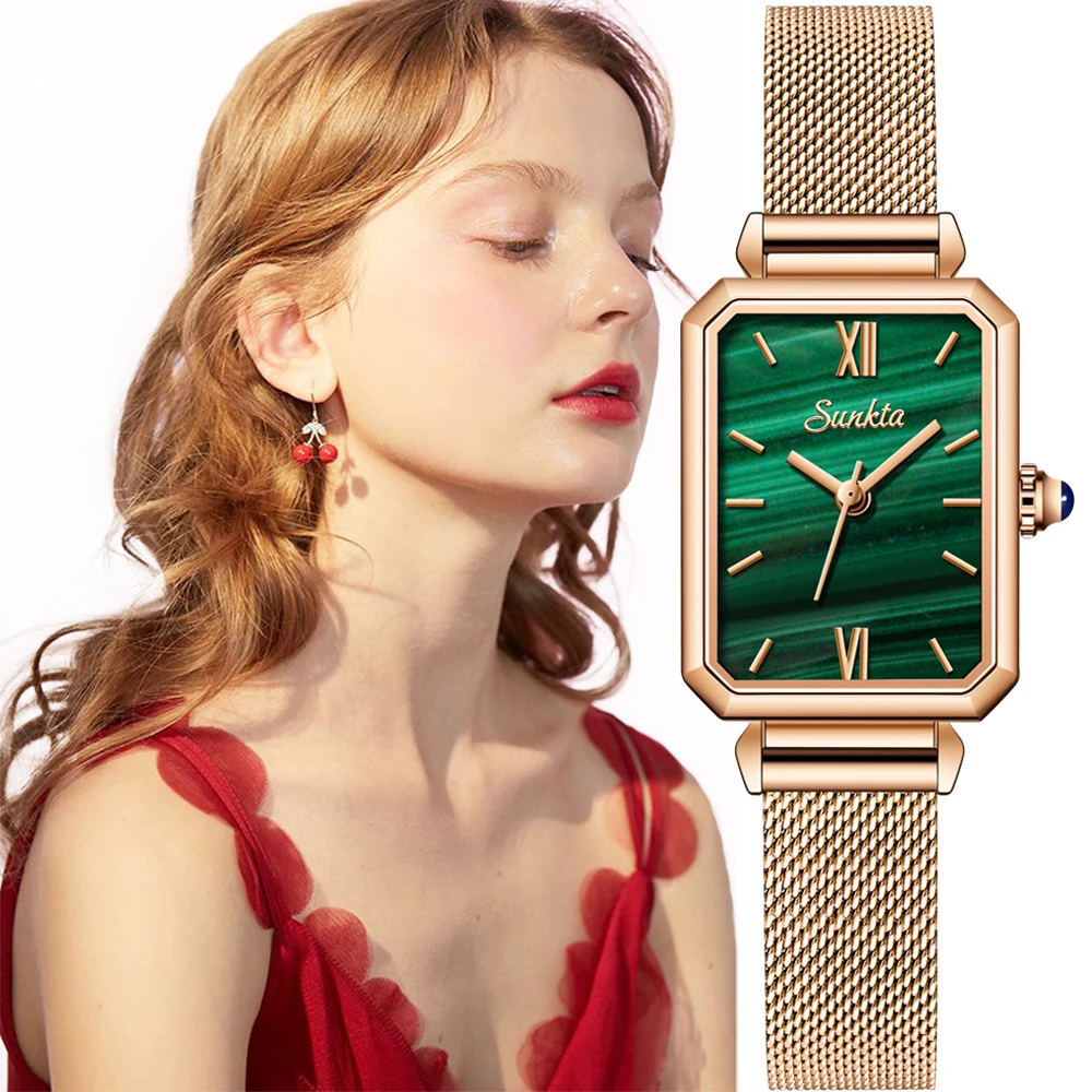 

SUNKTA Luxury Brand lady Fashion Watch Women Dress Watch Rose Gold Waterproof Square Watches Female Stainless Steel Wristwatches