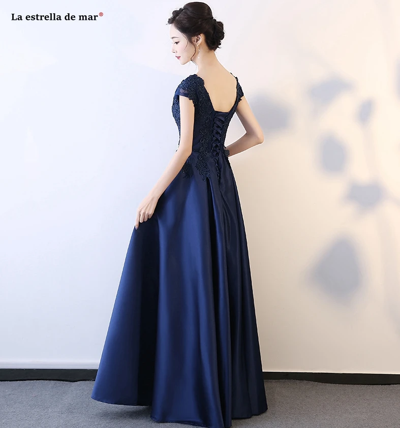 Vestido de festa para casamento Новое Кружевное атласное сексуальное платье трапециевидной формы с v-образным вырезом темно-синего цвета для подружки невесты длинное платье demoiseur d'honneur