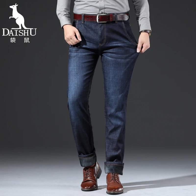 DAISHU Winter Warm Fleece Men's Jeans Thick Denim Jeans Straight Fit Trousers Cotton Velvet Pants men Large size 40 42 44