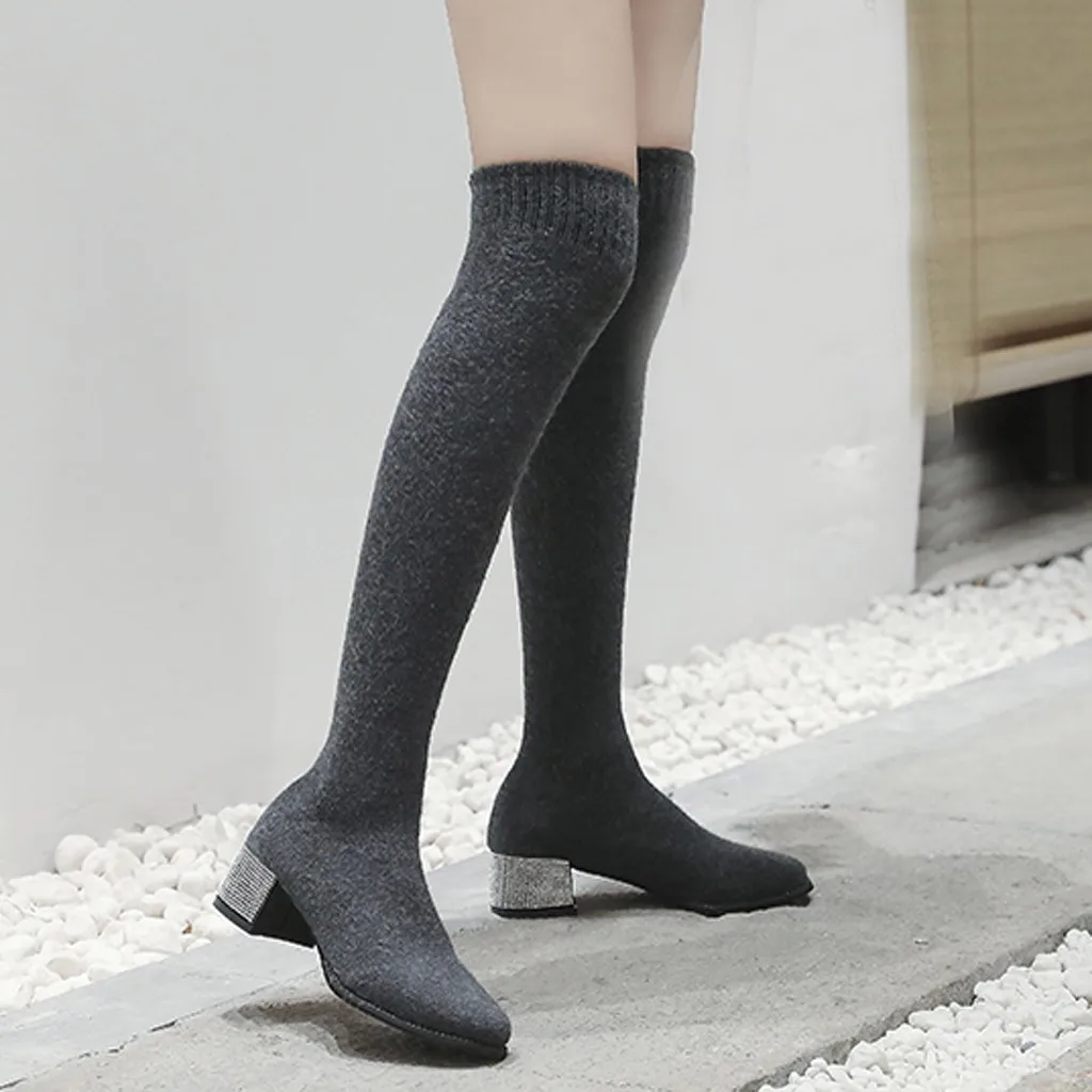 Вязаные эластичные носки зимние сапоги женские высокие сапоги до колена эластичные зимние сапоги женские сапоги на платформе с квадратным каблуком Обувь для женщин