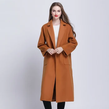 

Fashion Simple Women Wool Coat 2019 Autumn Winter New Woolen Overcoat Plus Size Lapel Open Stitch Wide-waisted Long Wool Coat
