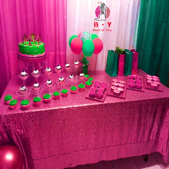 Pink Gold Tablecloth 90x132in Glitter Round Rectangular Embroidered Sequin Table Cover for Wedding Party Christmas Decor Fuchsia