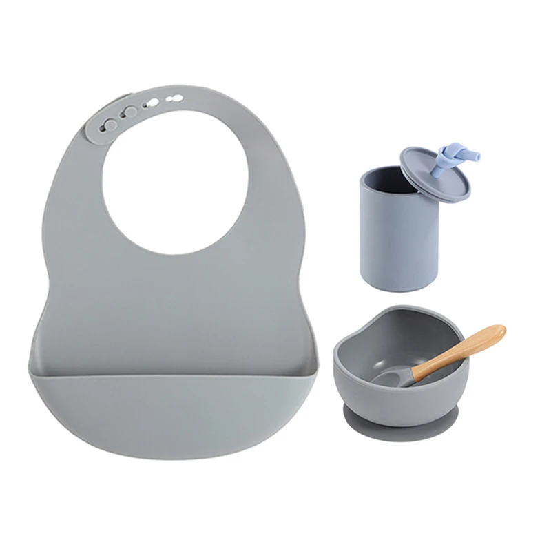 

Baby Silicone Tableware Set BPA Free Silione WaterProof Bib Non-Slip Suction Bowl Orangic Drinking Cup with Lid Baby Plate