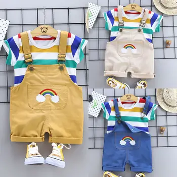 

Newborn Baby Boys Gentleman Outfits Clothes Sets Rainbow Striped Short Sleeve T-shirt Top Bib Shorts Set 2PCS