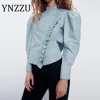 

YNZZU Casual Ruched Solid Blue Women Tops and Blouses 2020 New Long Sleeve Buttons Poplin Female Blouse Shirt Dropshipping AT563